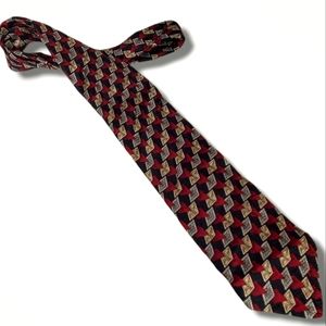 Lands End Tie with Red, Navy Blue, Gold Geometric Design  100% Silk